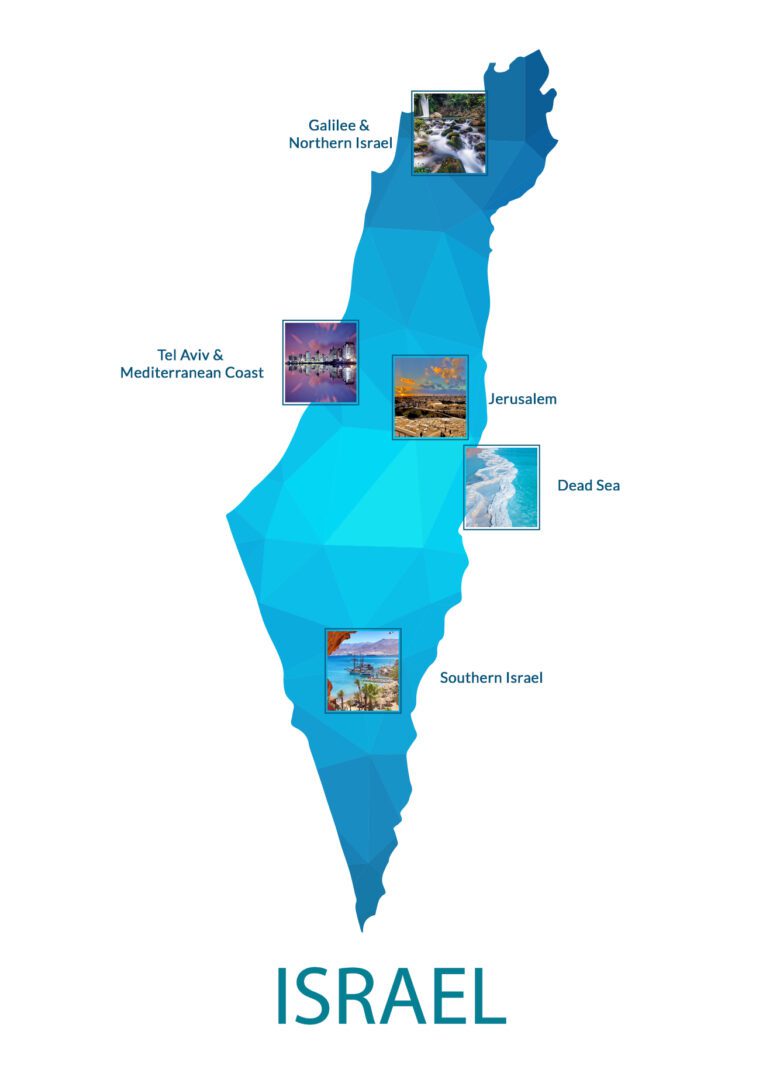 A map of israel with pictures of the country.